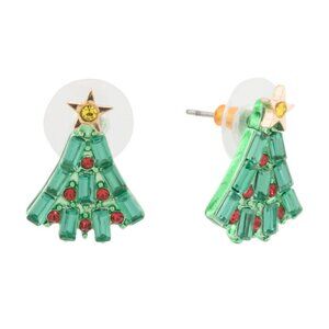 NWT BETSEY JOHNSON Christmas Tree Crystal Green Red Stud Earrings w/ Gift Box